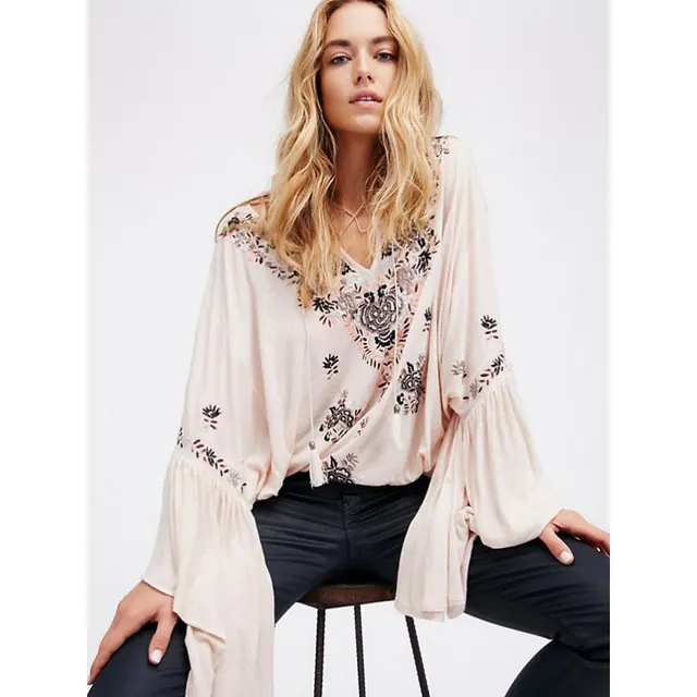 Women's Bohemian V neck Lace up Embroidered Top White - Shop at LoveMi