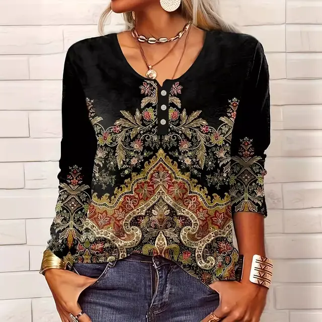 Women's V neck Ethnic Print Plus Size T shirt Black - Shop at LoveMi