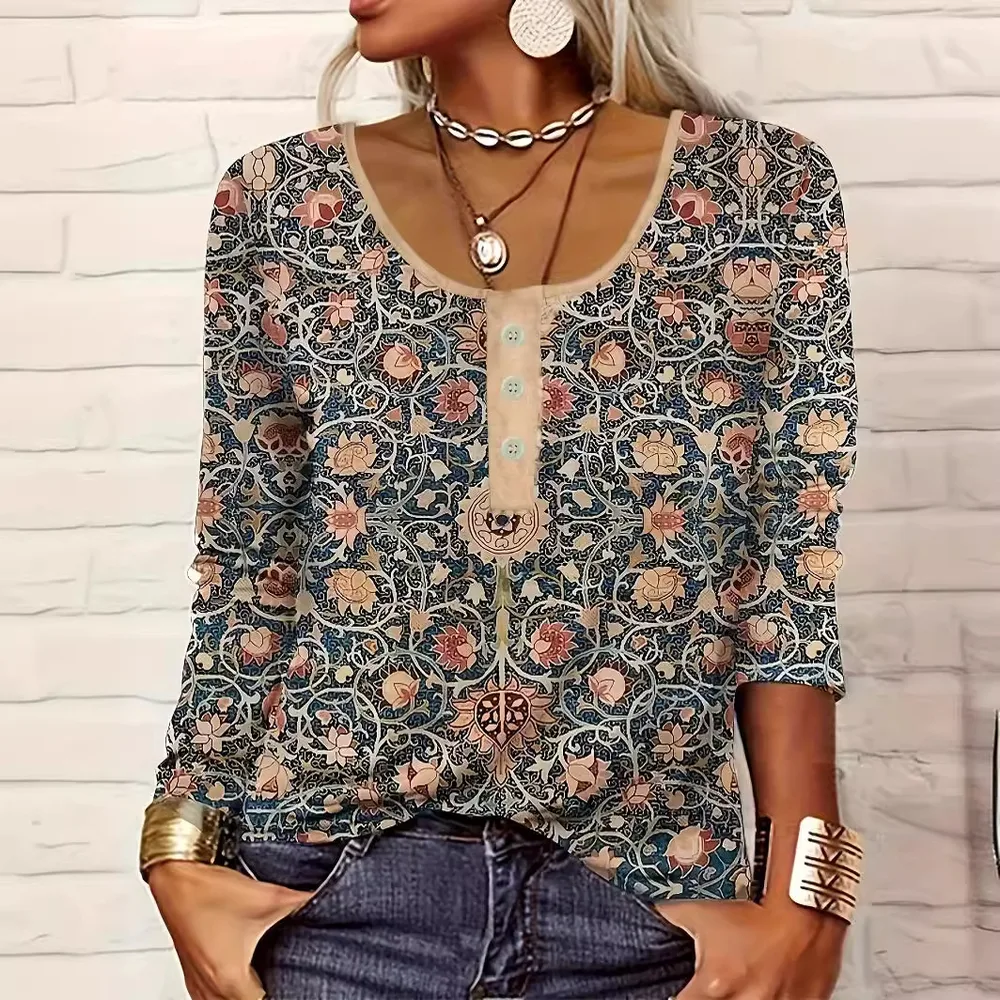 Women's V neck Ethnic Print Plus Size T shirt Khaki - Shop at LoveMi