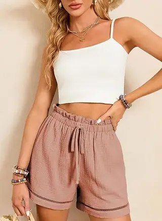 High Waist Lace-up Loose-fitting Wide-leg Short Jumpsuit - Lotus Root Color - View 1
