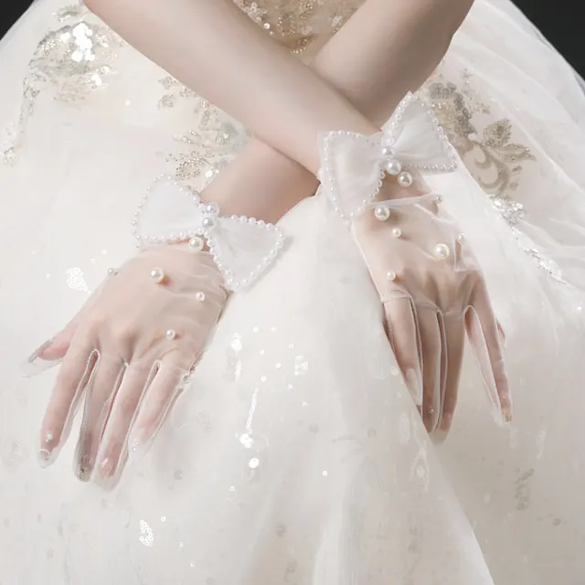 Wedding Gloves Bridal Handmade Pearl White Bow Gloves White - Shop at LoveMi