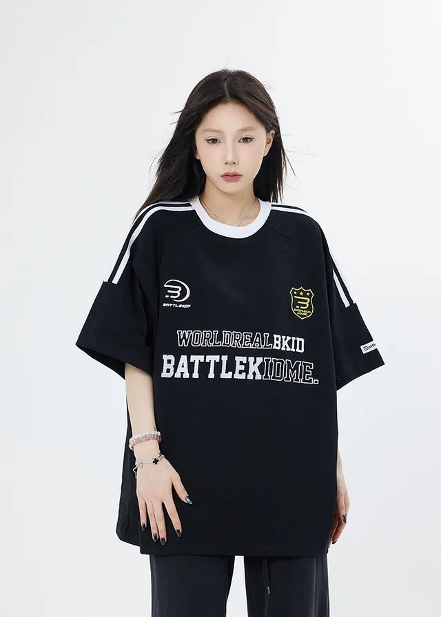 American Letter Embroidered Short Sleeve Black - Shop at LoveMi