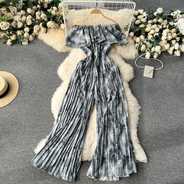 Ruffled Off shoulder Slim fit Long Blooming Pleated Wide leg Pants Black - Shop at LoveMi