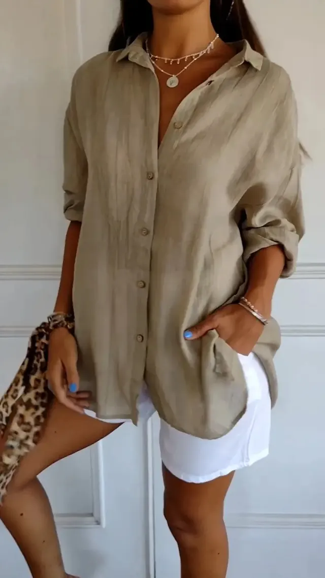 Lapel Long Sleeve Shirt Women's Single breasted Pleated Shirt Khaki - Shop at LoveMi