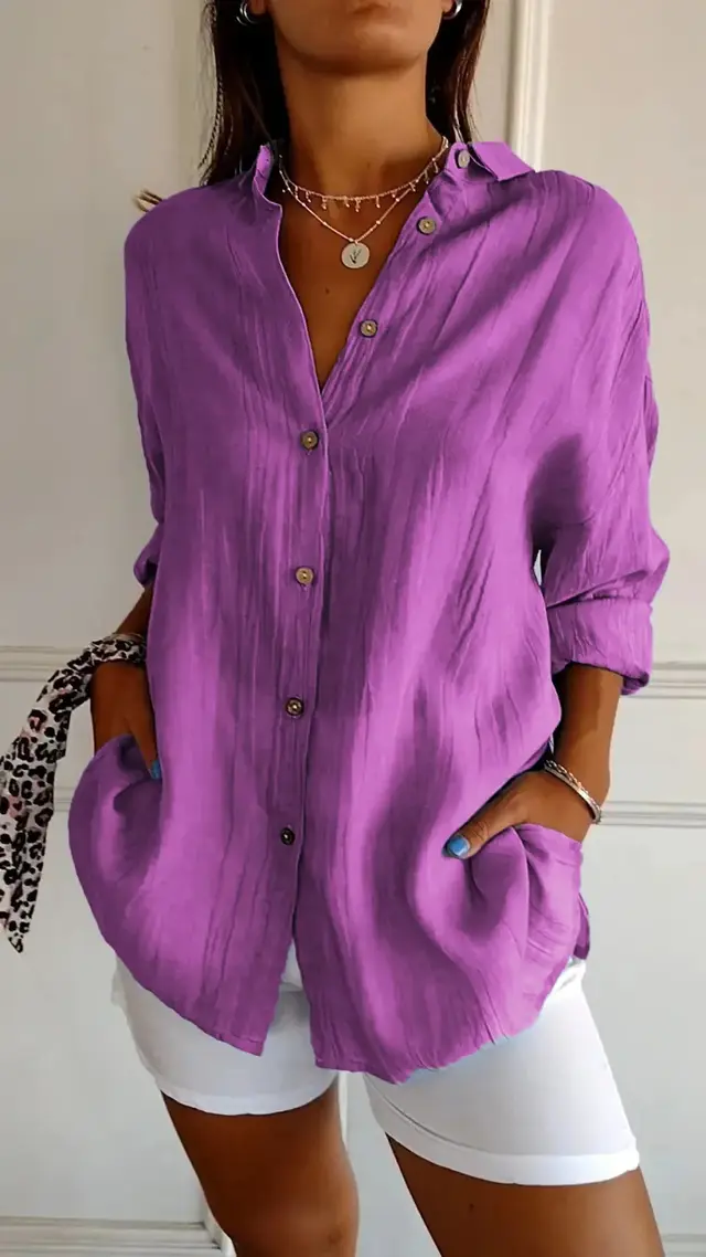 Lapel Long Sleeve Shirt Women's Single breasted Pleated Shirt Purple Purple/Magenta - Shop at LoveMi