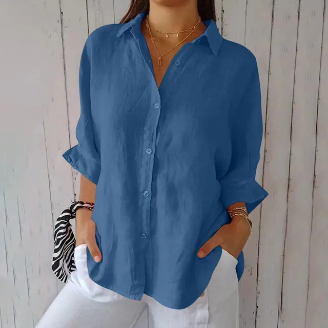 Lapel Long Sleeve Shirt Women's Single breasted Pleated Shirt Royal Blue - Shop at LoveMi