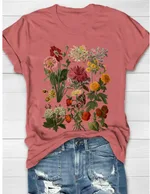Flower Plant Print Casual Loose Round Neck Short Sleeve - Dx010-M