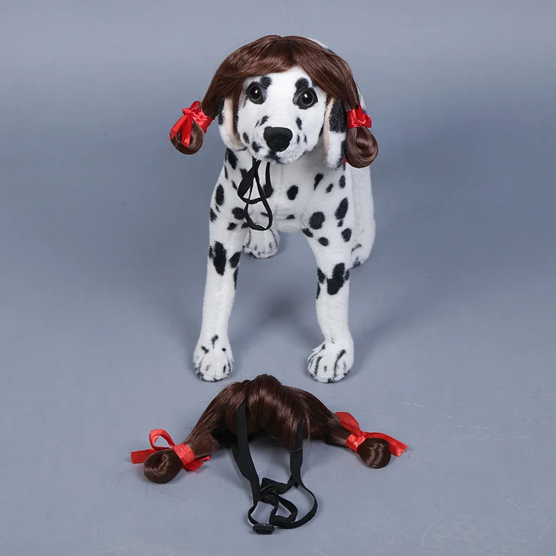 Pet Dog Wig Tied Double Braid Funny Performance Props - Dark Brown