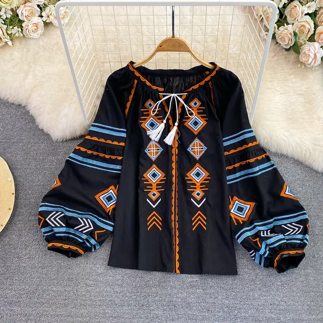 Embroidery Slimming Lantern Sleeve Doll Top Black - Shop at LoveMi