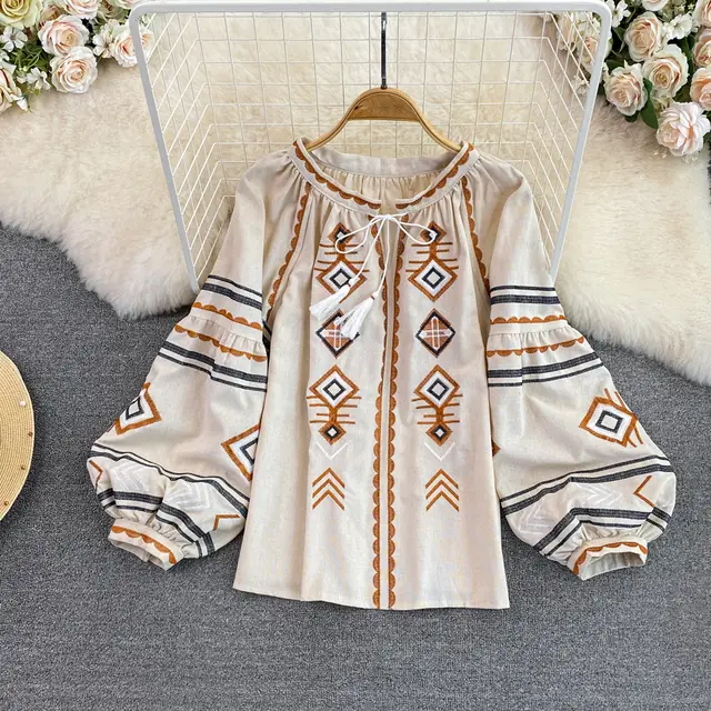 Embroidery Slimming Lantern Sleeve Doll Top Light Khaki - Shop at LoveMi