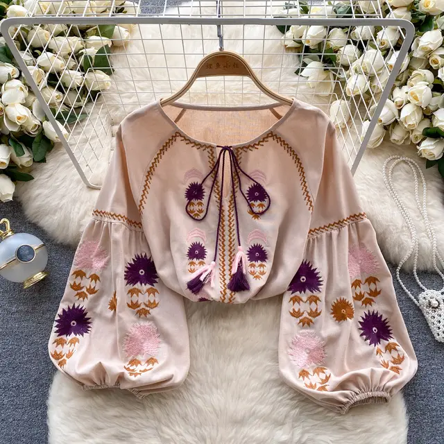 Machine Embroidery Loose Slimming Temperament Western Style Top Apricot - Shop at LoveMi