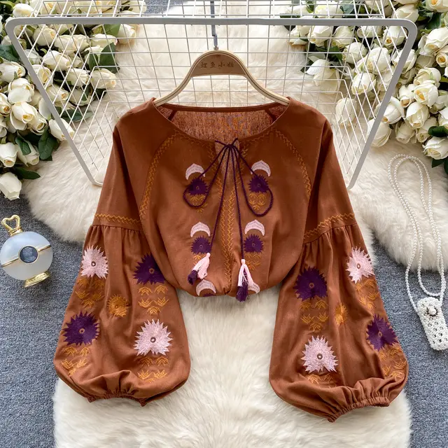 Machine Embroidery Loose Slimming Temperament Western Style Top Brown - Shop at LoveMi