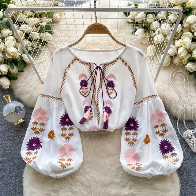 Machine Embroidery Loose Slimming Temperament Western Style Top White - Shop at LoveMi