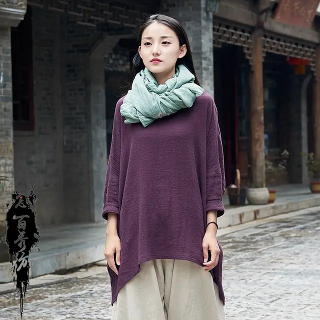 Cotton And Linen Breathable Retro National Long Sleeve Pullover T shirt Deep Purple - Shop at LoveMi