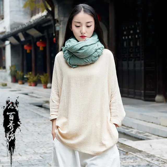 Cotton And Linen Breathable Retro National Long Sleeve Pullover T shirt Raw Hemp - Shop at LoveMi