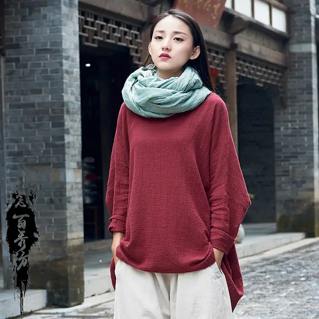 Cotton And Linen Breathable Retro National Long Sleeve Pullover T shirt Wine Red - Shop at LoveMi