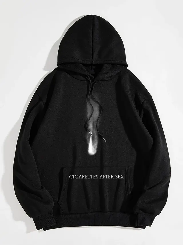 Women's Fleece lined Letter Print Kangaroo Pocket Drawstring Printed Hoodie Black - Shop at LoveMi