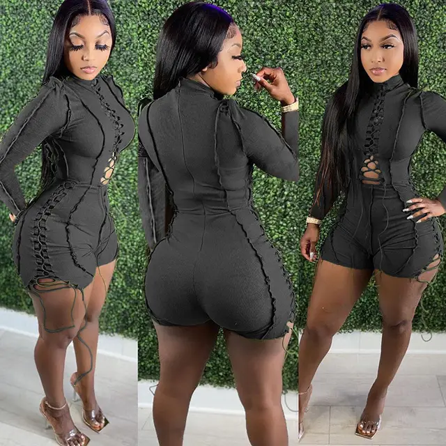 Fashion Sexy Patchwork Solid Color Tether Long Sleeve Jumpsuit Black - Shop at LoveMi
