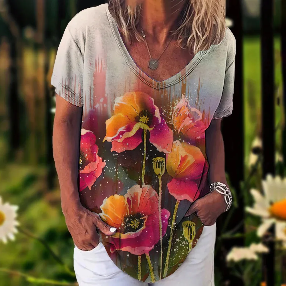 Women's Cotton Short sleeved T shirt V neck Floral Print Nt07Wmnv225 - Shop at LoveMi