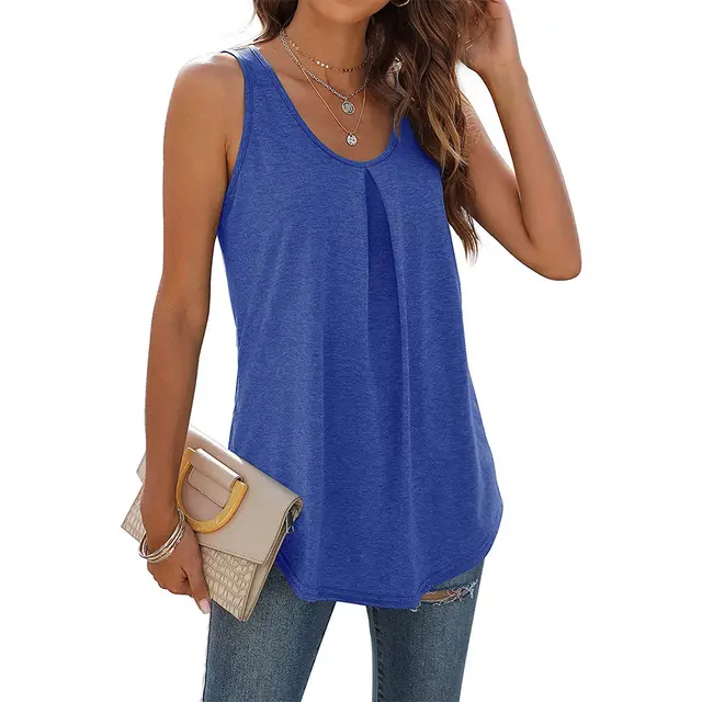 Summer European And American Solid Color Round Neck Dovetail Vest T shirt For Women Blue - Shop at LoveMi