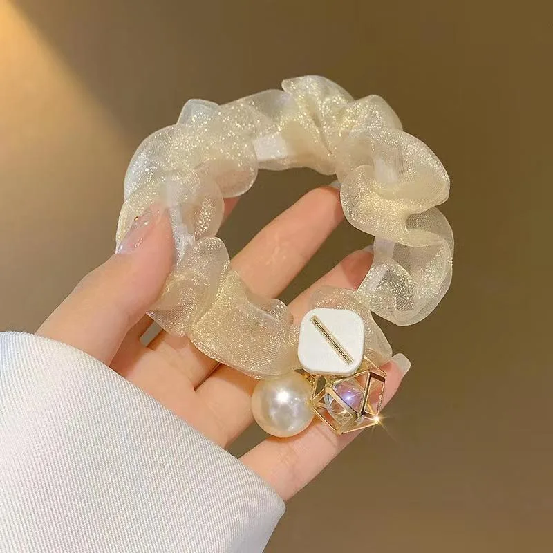 Light Luxury Pearl Organza Highly Elastic Hair Rope - Beige