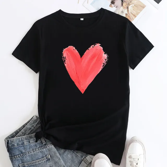 Women's Heart Printing Round Neck Short sleeved T shirt Black - Shop at LoveMi