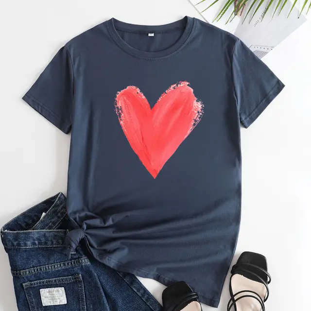 Women's Heart Printing Round Neck Short sleeved T shirt Dark Blue - Shop at LoveMi