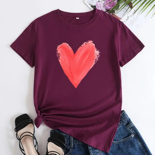 Women's Heart Printing Round Neck Short sleeved T shirt Wine Red - Shop at LoveMi