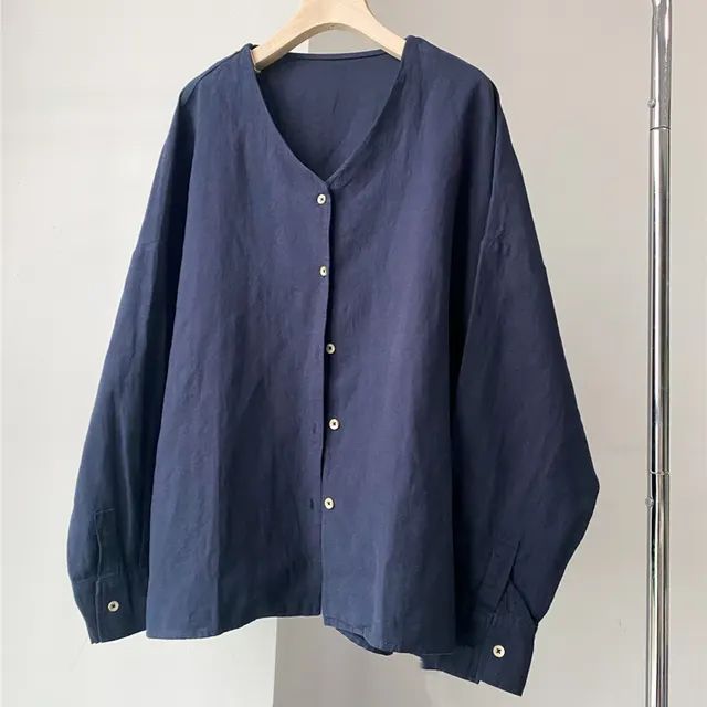 Autumn And Winter Adult Casual Fashion V neck Cotton Linen Shirt Navy Blue - Shop at LoveMi