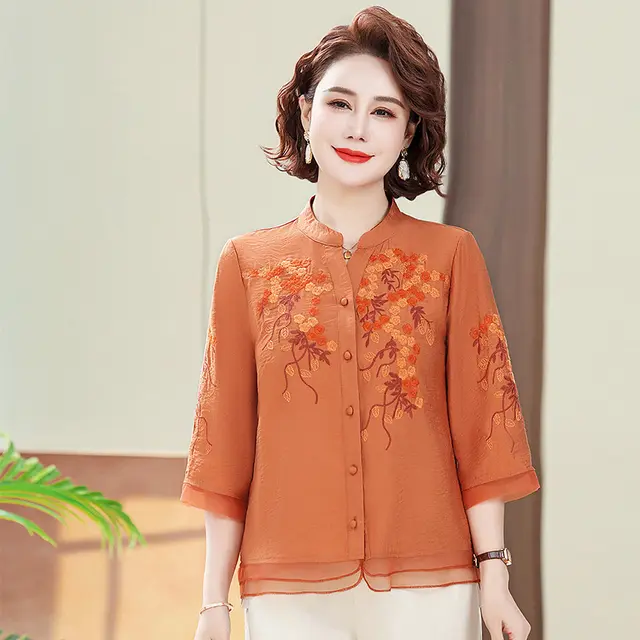 Summer Loose Embroidered Three-dimensional Blouse Shirt - Orange
