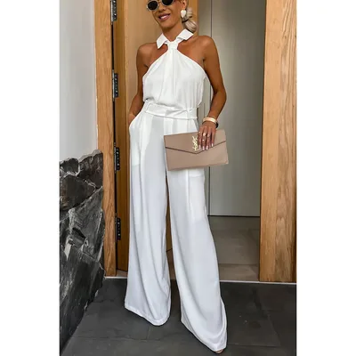 Casual Pocket Sleeveless Loose Vacation Multicolor Jumpsuit White - Shop at LoveMi