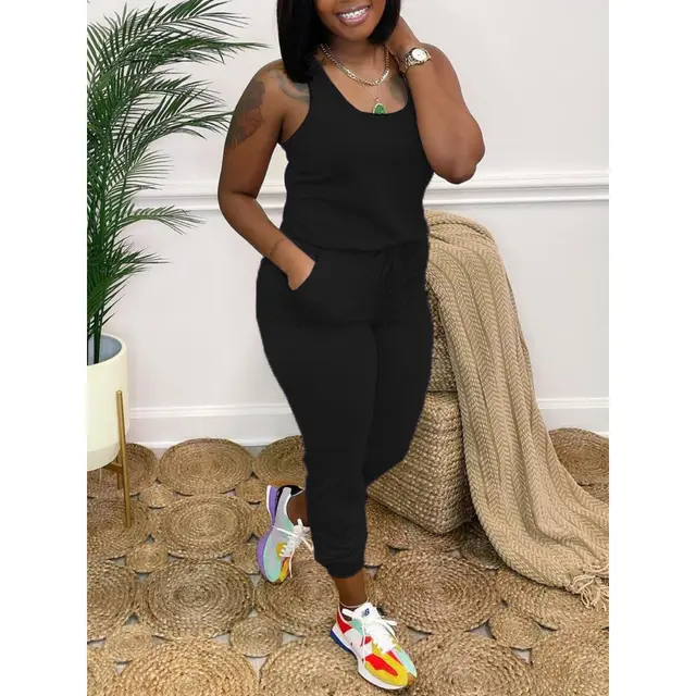 Solid Color Fashion Tight Belt Pocket Vest Jumpsuit Black - Shop at LoveMi