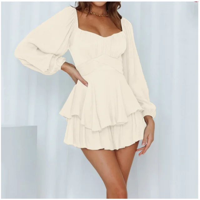 Women's Jumpsuit Fashion Square Collar Lantern Long Sleeve Ruffled Off White - Shop at LoveMi