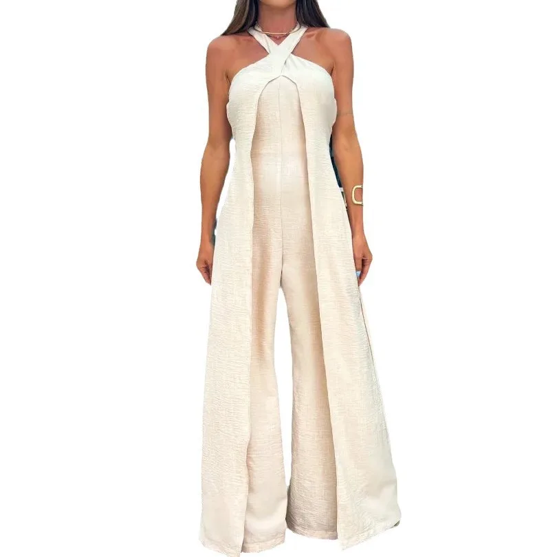 Halter High Waist With Straps Women's Long Wide Leg Jumpsuit White - Shop at LoveMi