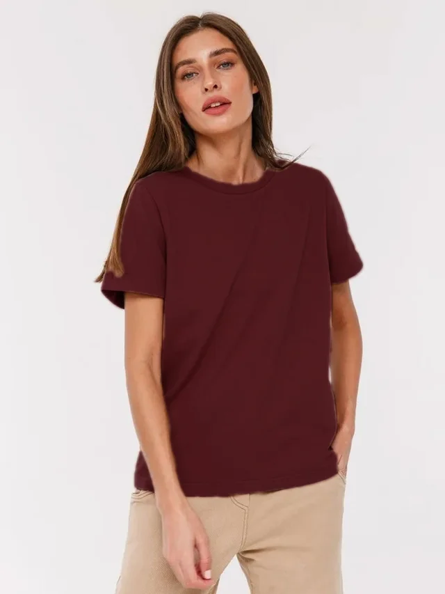 Casual Home Commuter All matching Round Neck Short Sleeve T shirt Dark Red - Shop at LoveMi