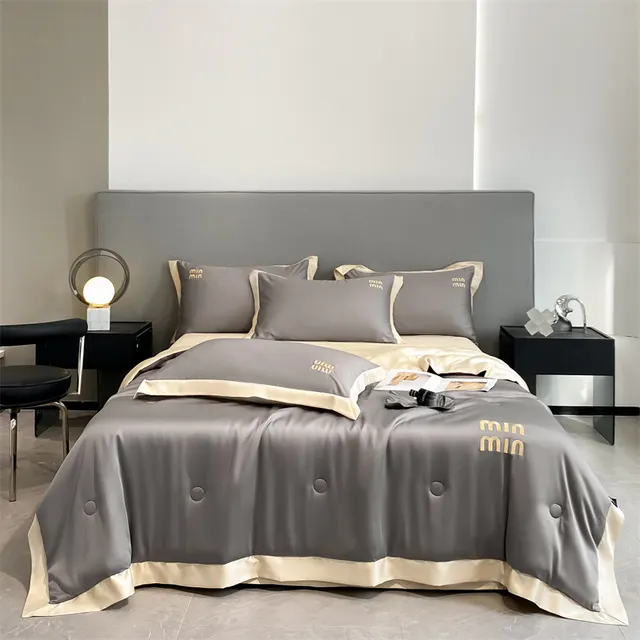 Washed Silk Embroidery Air Conditioner Quilt Four piece Set Medium Gray - Shop at LoveMi