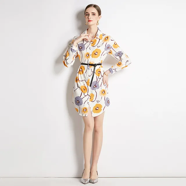 Top Lapel Shirt Printed Long Flowers Yellow - Shop at LoveMi