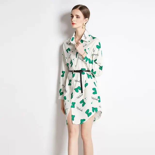Top Lapel Shirt Printed Long Bow Green - Shop at LoveMi
