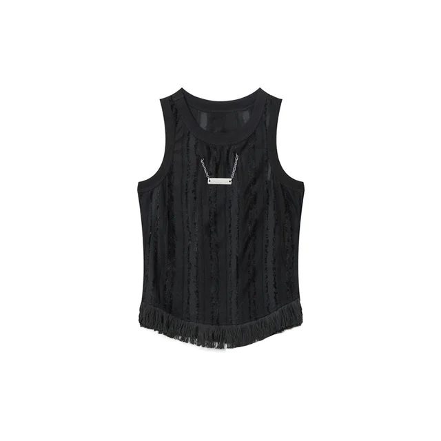 Color Matching Vertical Wide Striped Fringed Hem Round Neck Sleeveless Women's Casual Vest Black - Shop at LoveMi