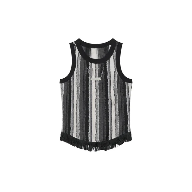 Color Matching Vertical Wide Striped Fringed Hem Round Neck Sleeveless Women's Casual Vest Deep Flower Gray - Shop at LoveMi