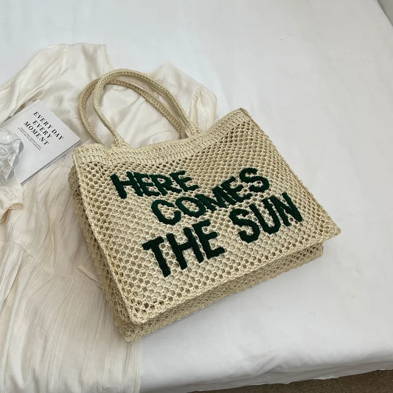 Weaving Hollow Tote Shoulder Bag Beige - Shop at LoveMi