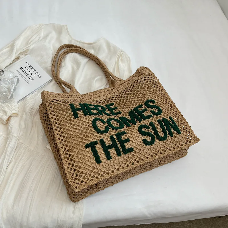 Weaving Hollow Tote Shoulder Bag Khaki - Shop at LoveMi