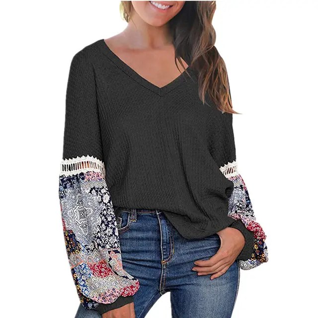 New European And American Autumn And Winter V neck Waffle Loose Printed Long sleeved T shirt Black - Shop at LoveMi