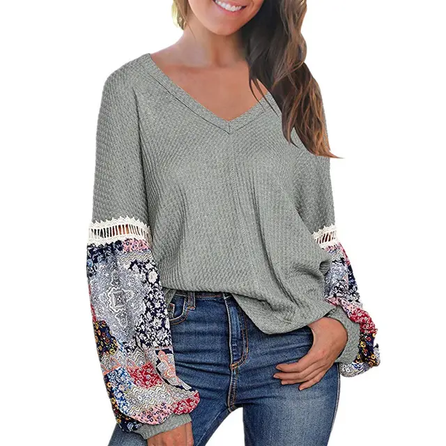 New European And American Autumn And Winter V neck Waffle Loose Printed Long sleeved T shirt Light Gray - Shop at LoveMi