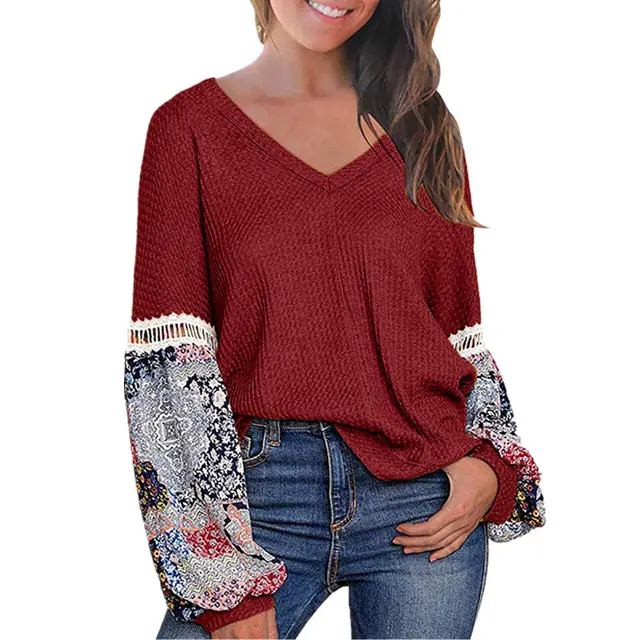 New European And American Autumn And Winter V neck Waffle Loose Printed Long sleeved T shirt Red - Shop at LoveMi
