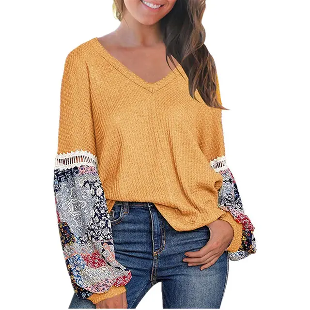 New European And American Autumn And Winter V neck Waffle Loose Printed Long sleeved T shirt Yellow - Shop at LoveMi
