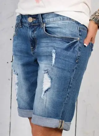 Ripped Cropped Pants Stretch Denim Middle Pants For Women - Blue