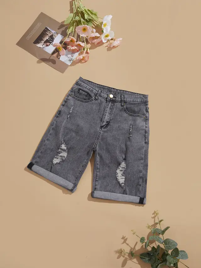 Ripped Cropped Pants Stretch Denim Middle Pants For Women Gray - Shop at LoveMi