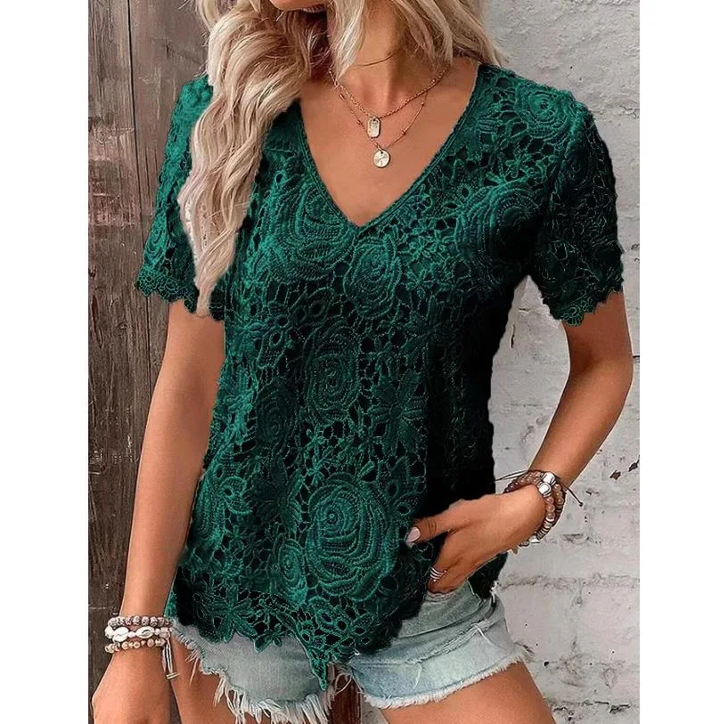 Short Sleeve Lace V neck Loose Sweet Stripe T shirt Green - Shop at LoveMi