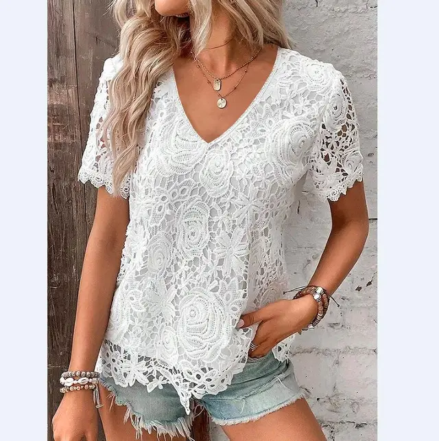 Short Sleeve Lace V neck Loose Sweet Stripe T shirt White - Shop at LoveMi
